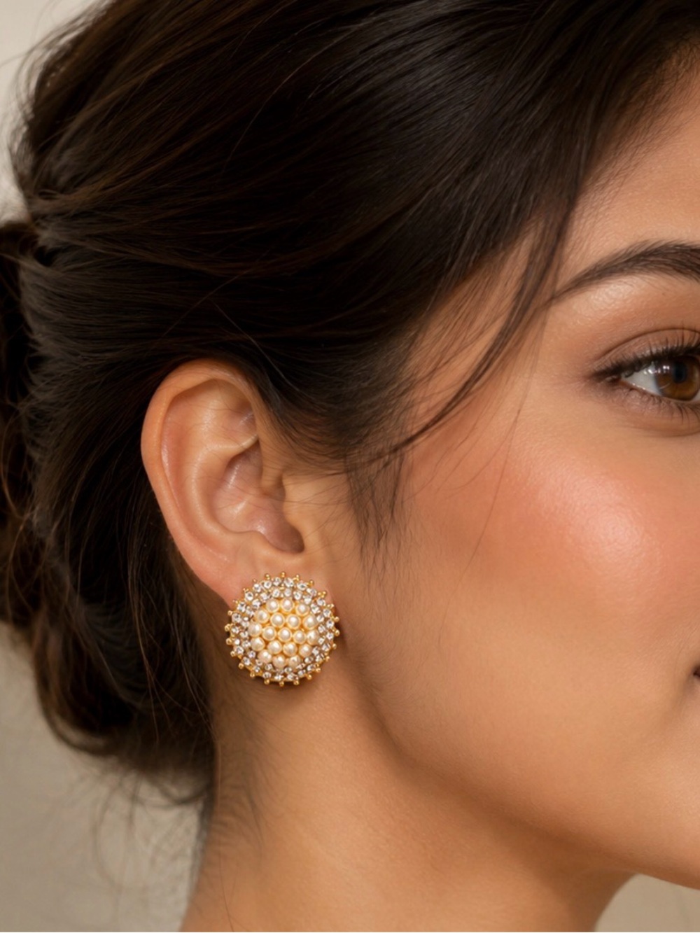 Pearl & Crystal Cluster Button Earrings